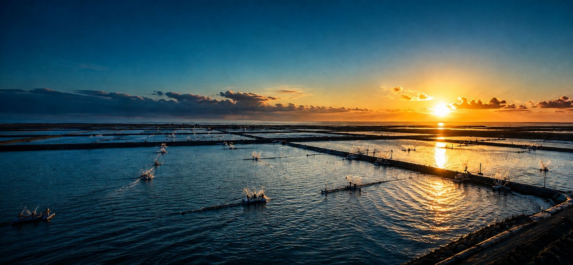 Aerial view of aquaculture ponds at sunset