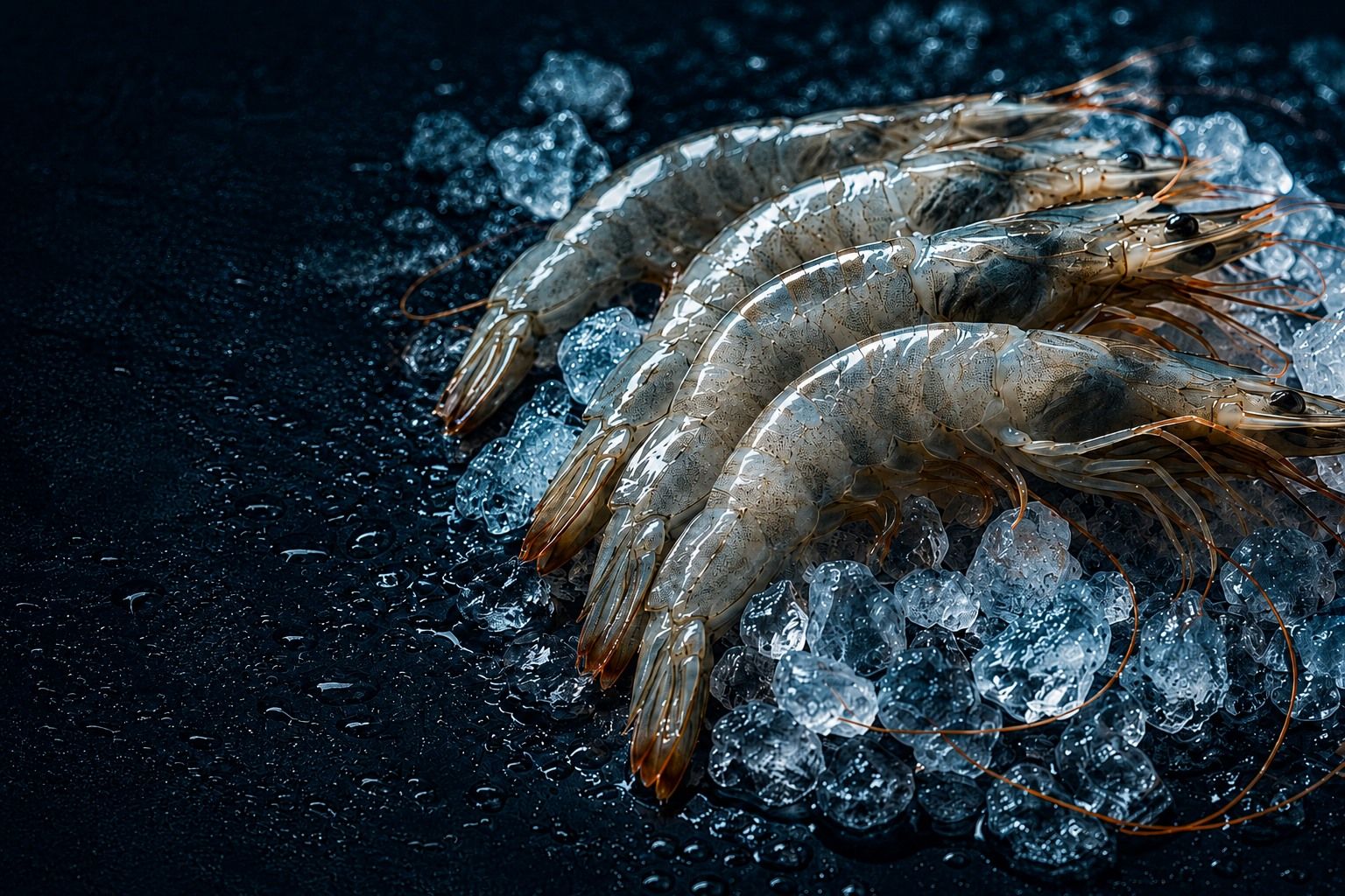 Raw Vannamei shrimp arranged over ice